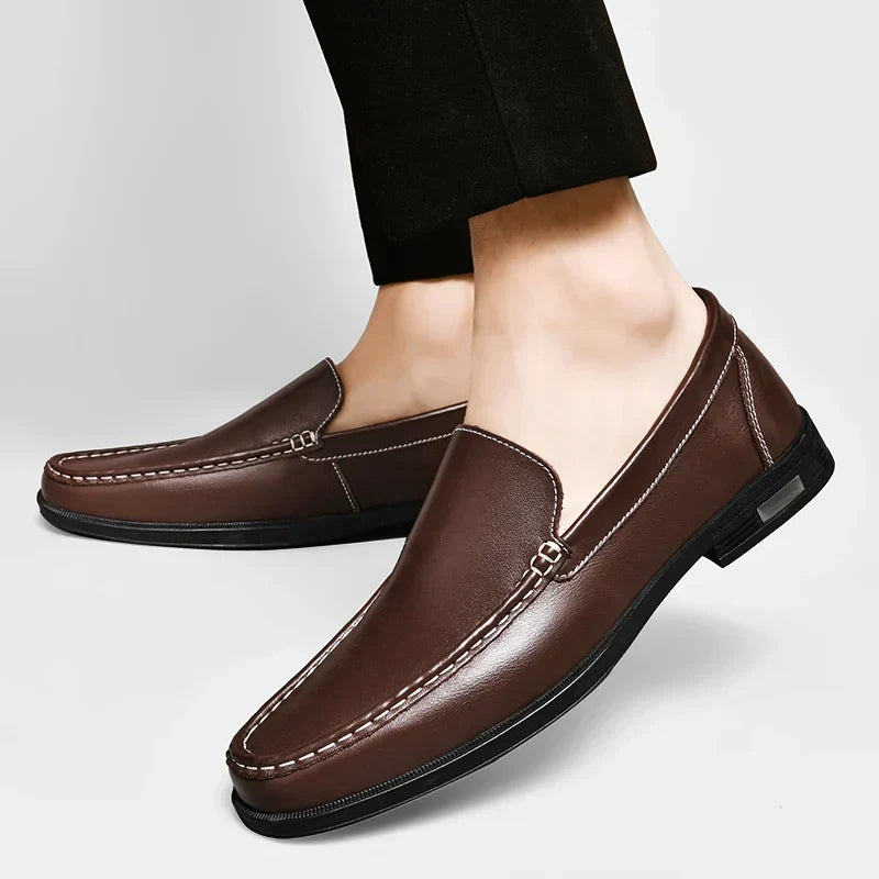 Detailed view of a men's slip-on loafer, highlighting its comfortable design and finish.