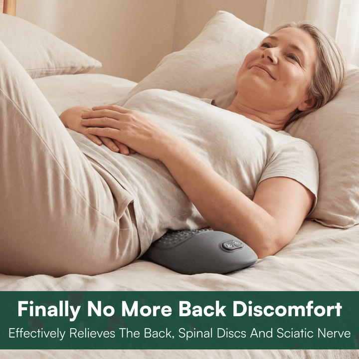 Portable black ergonomic back massager, adjustable for relaxation & stress relief, ideal for home/office use.
