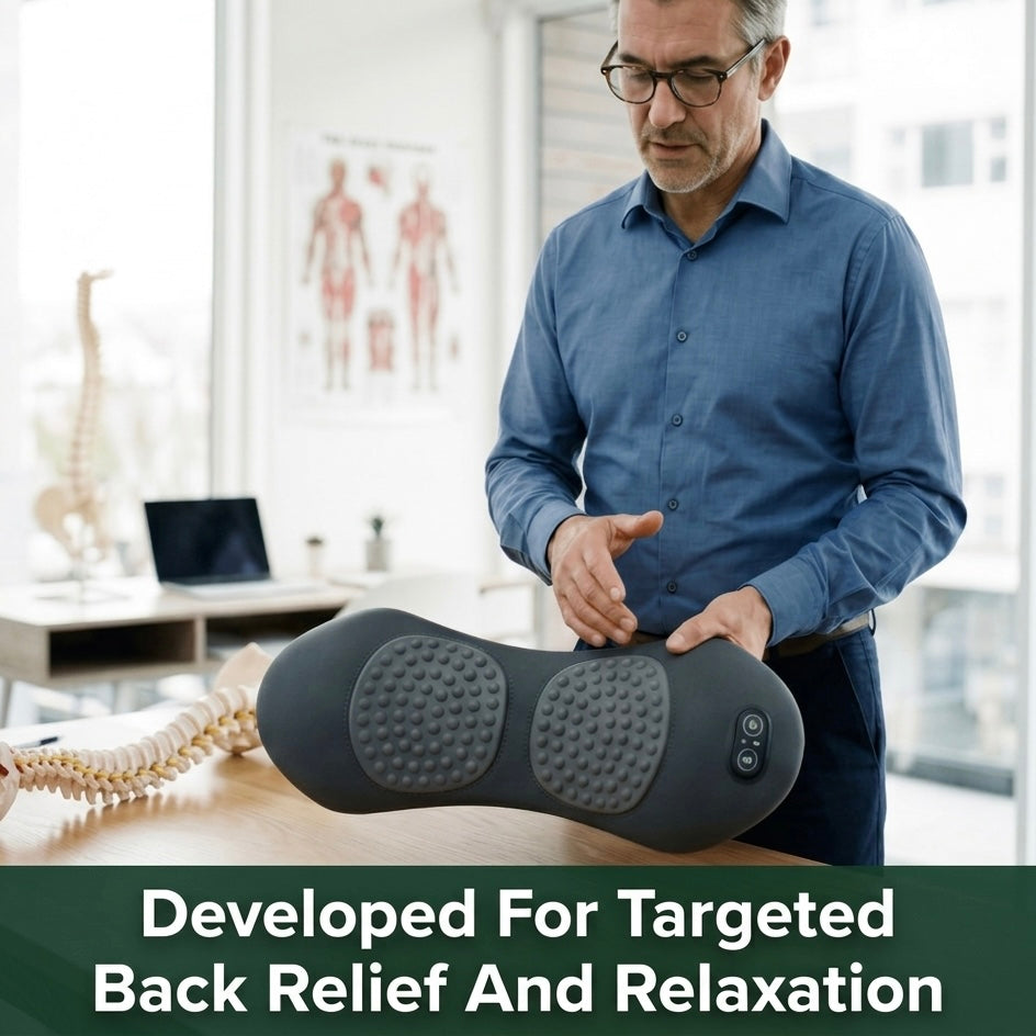 Adjustable ergonomic back massager in black, providing unisex comfort & pain relief for stress-free relaxation.