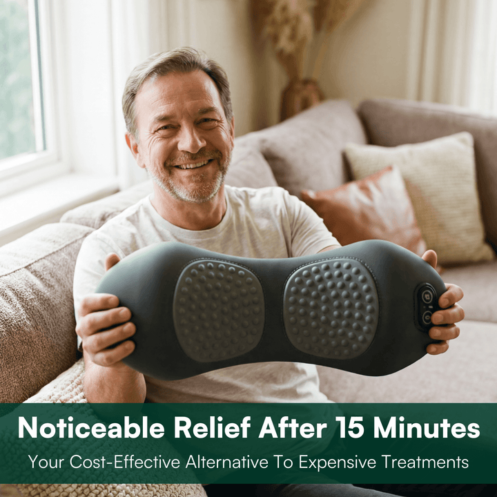 Comfortable ergonomic back massager in black with adjustable settings, designed for unisex pain & stress relief.