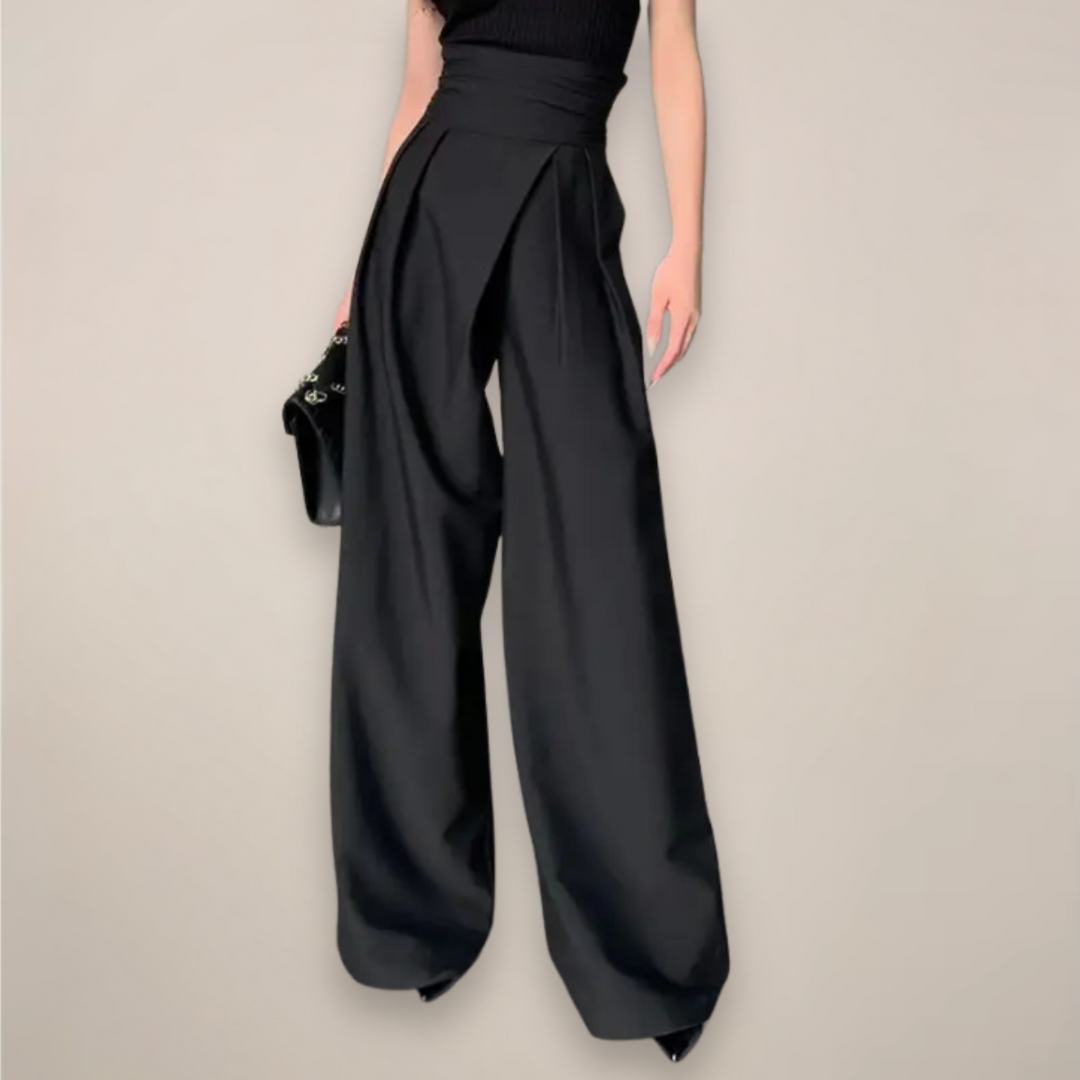 Black high-waisted wide-leg women's trousers for elegant summer style. Flowy & comfortable for casual or dressy looks.