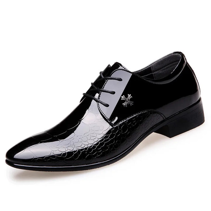Classic black Oxford dress shoes for men, offering timeless style and comfort for weddings & office.