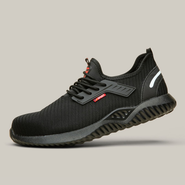 Protective men's work shoes, black lightweight safety sneakers ideal for warehouse & industrial environments.