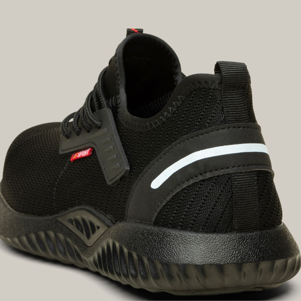 Men's anti-slip work shoes, black lightweight safety sneakers with durable sole for industrial and construction.