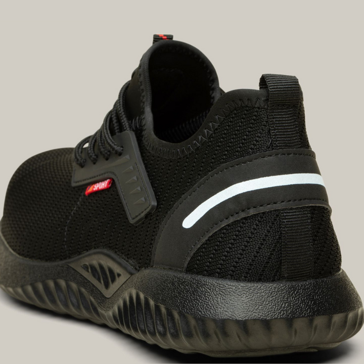 Men's anti-slip work shoes, black lightweight safety sneakers with durable sole for industrial and construction.