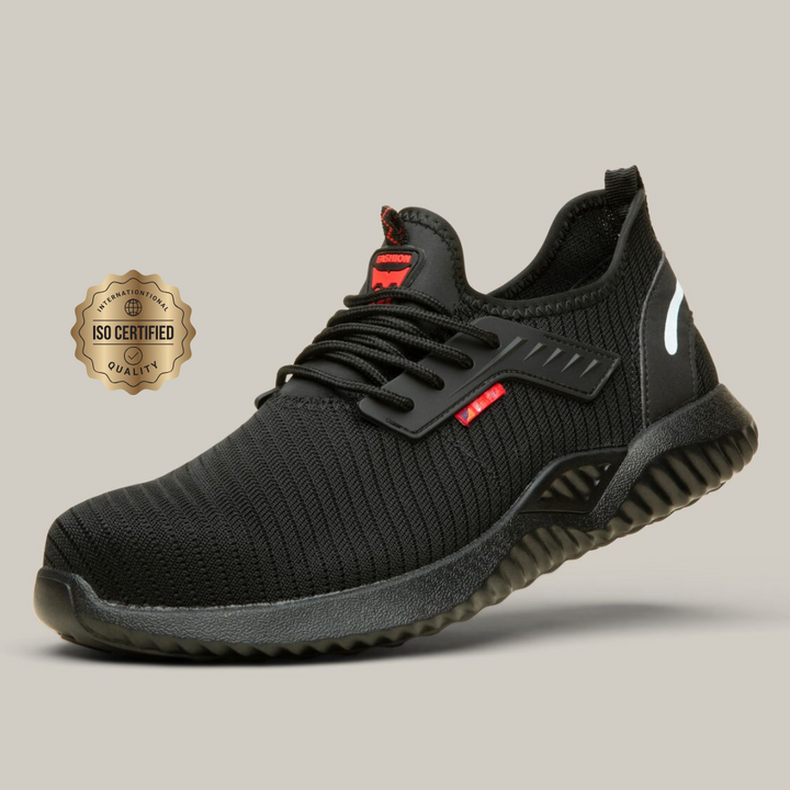 Angled view of men's black lightweight safety work footwear, comfortable and protective for long shifts.