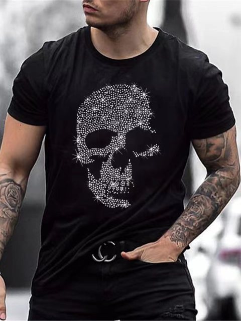 Detailed rhinestone crown graphic adds sparkle to this black men's slim fit fashion t-shirt.