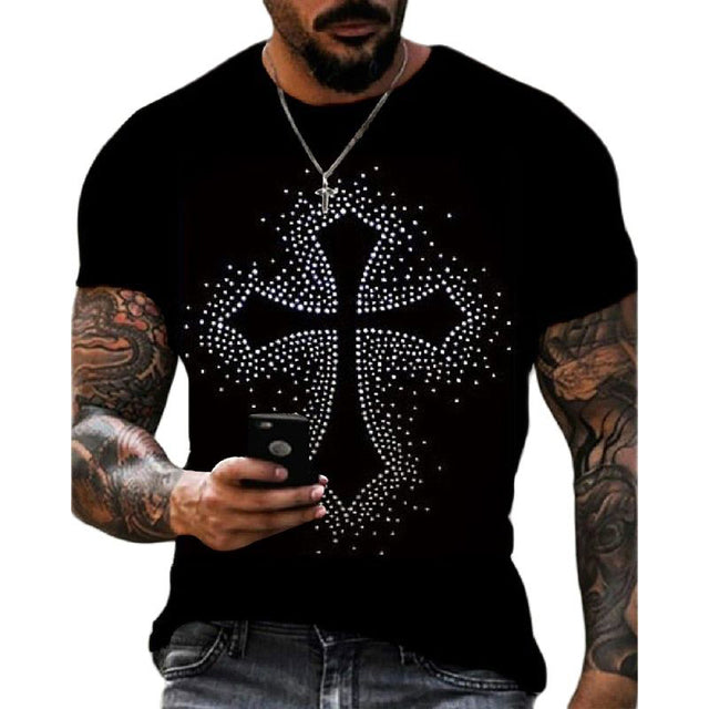 Elevate your style with this black men's slim fit t-shirt featuring a bold rhinestone crown graphic.