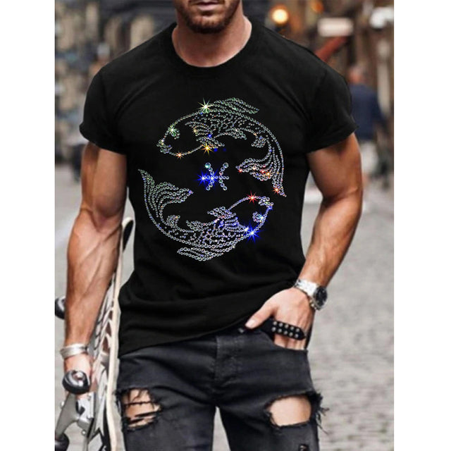 Trendy black men's slim fit graphic tee featuring a dazzling rhinestone crown for streetwear style.