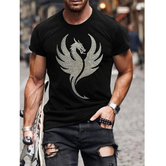Shimmering rhinestone crown graphic on a black men's slim fit t-shirt, perfect for casual fashion.