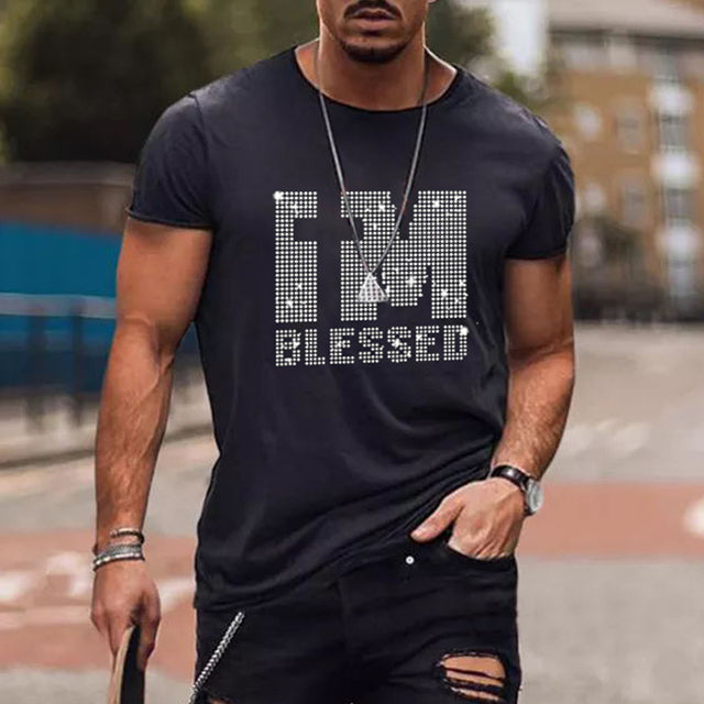 Regal rhinestone crown graphic on a men's black slim fit tee, perfect for fashion-forward looks.