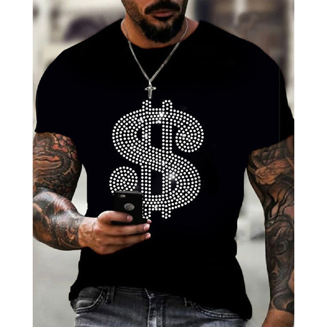Man models black slim fit t-shirt with a sparkling rhinestone crown graphic, modern streetwear.