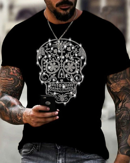 Stylish black men's slim fit t-shirt featuring a detailed rhinestone crown graphic, trendy.