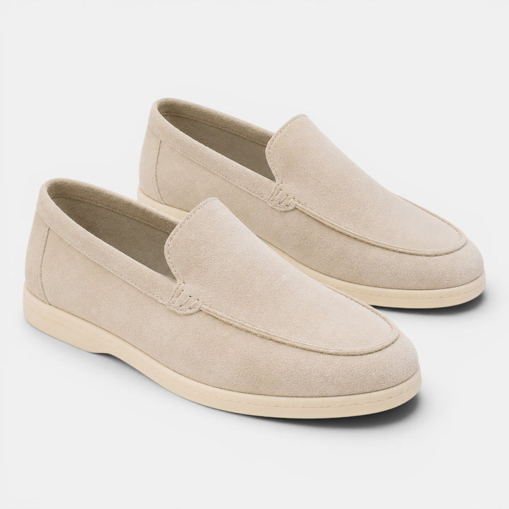 Comfortable light gray men's loafers for everyday comfort.