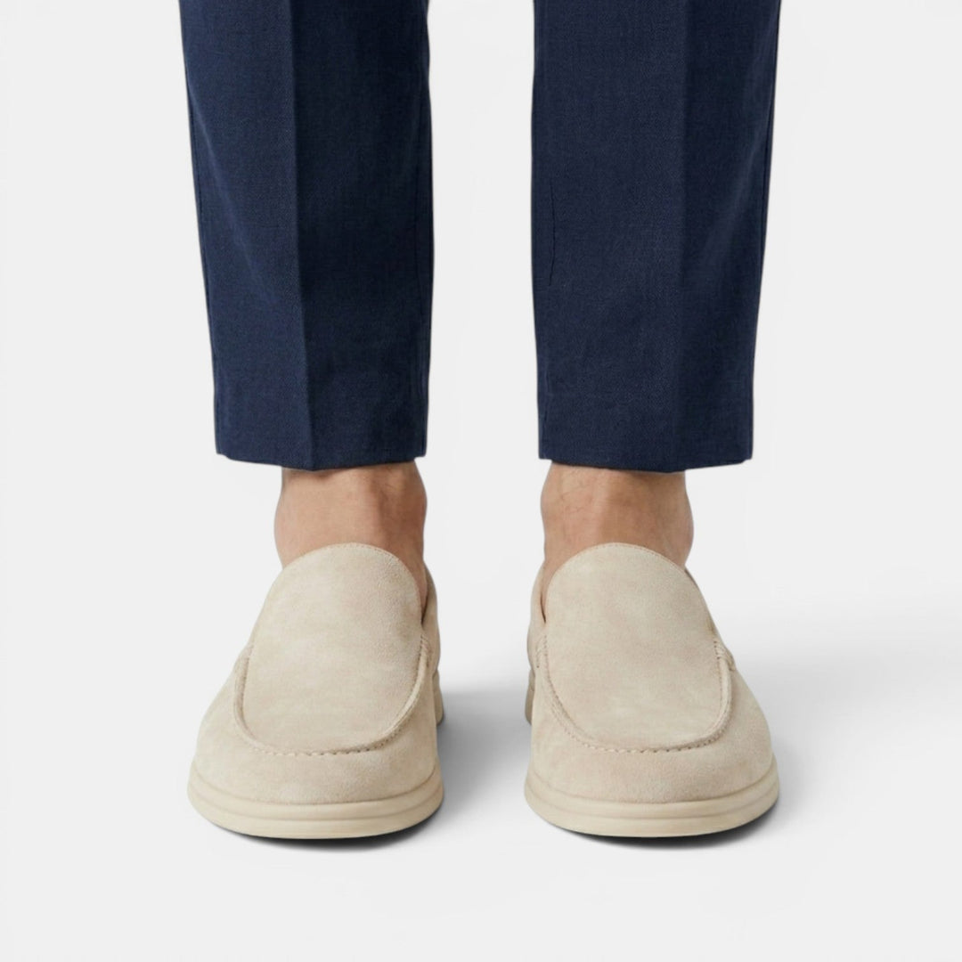 Light gray men's fashion loafers, easy slip-on design.
