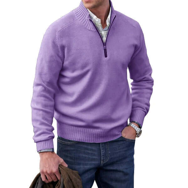 Gray men's full zip sweater, perfect for layering, featuring a modern fit.
