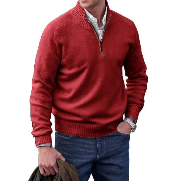 Comfortable long sleeve men's full zip sweater, ideal for fall and winter outfits.