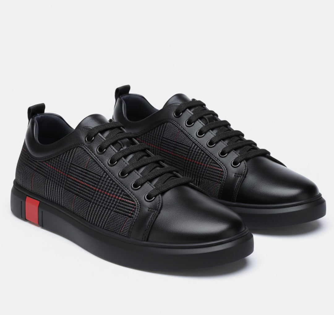 Black minimalist street style men's sneakers for versatile everyday wear. Round toe, comfortable casual shoes.