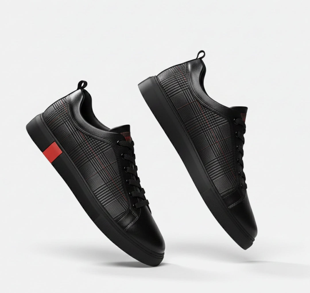 Modern round toe black men's minimalist sneakers, excellent for comfortable street style and casual everyday wear.