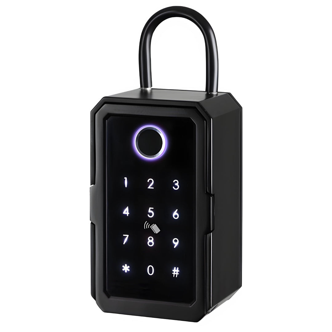 Black smart lockbox with Wi-Fi and fingerprint access, securely storing keys for home security.