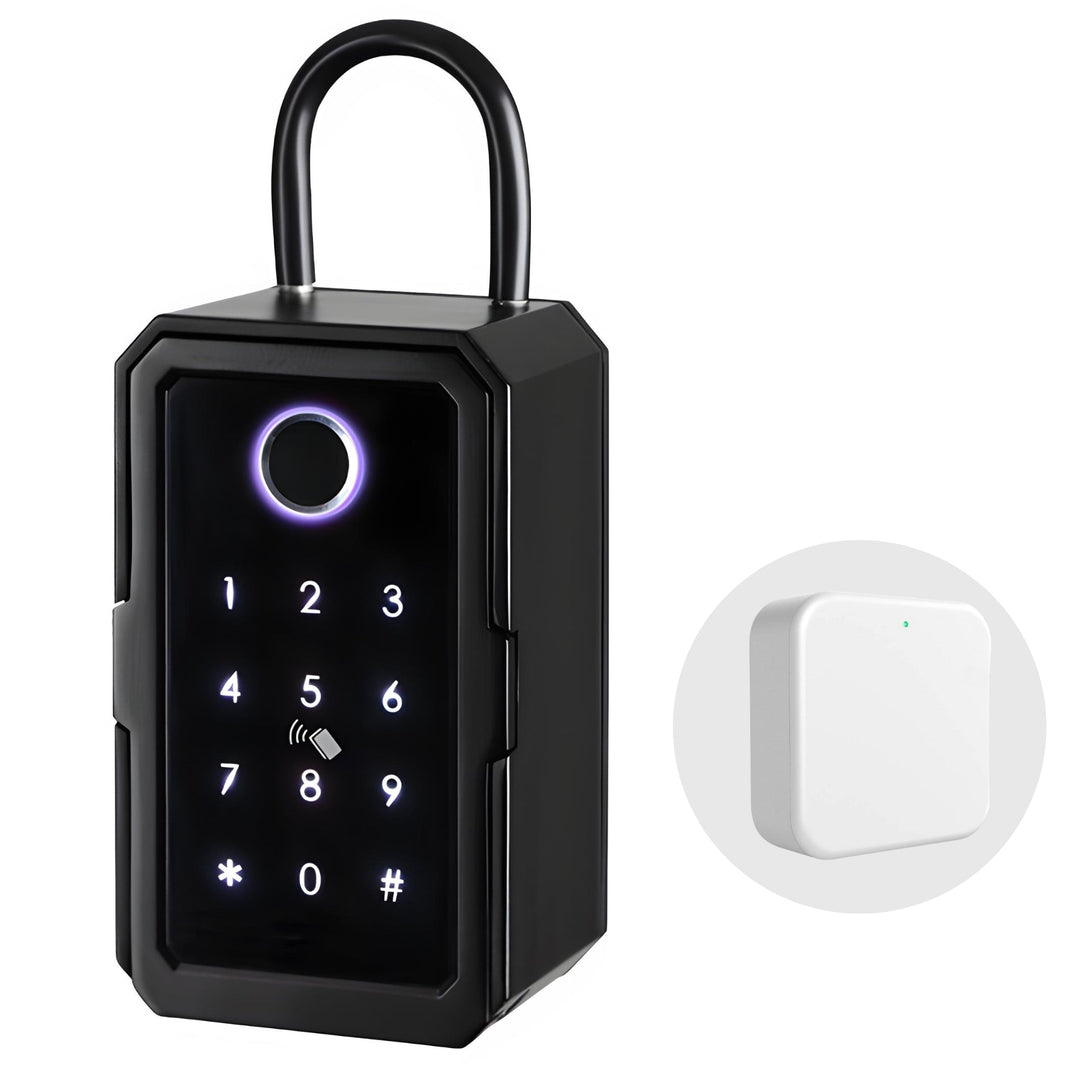 Electronic smart lockbox with Wi-Fi and biometric fingerprint access for secure key storage.