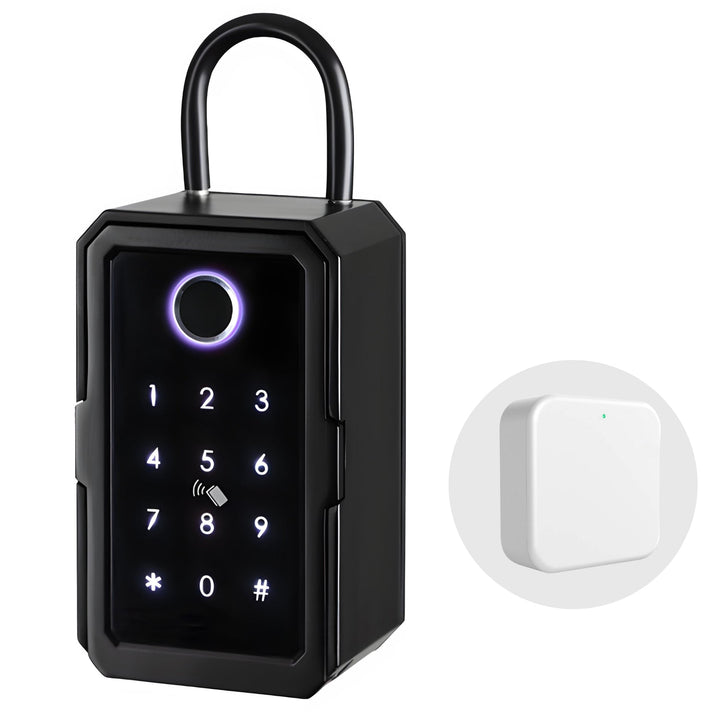 Electronic smart lockbox with Wi-Fi and biometric fingerprint access for secure key storage.