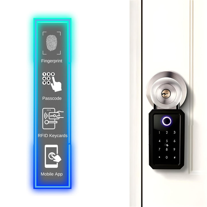 Close-up of a black smart lockbox showing its fingerprint scanner and secure key storage compartment.