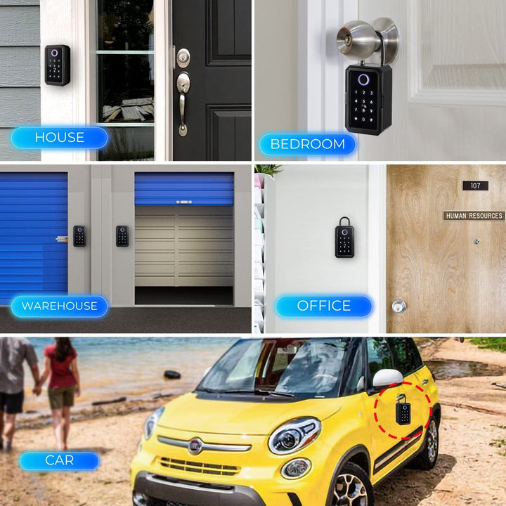 Heavy-duty smart lockbox in black, designed for secure key storage with Wi-Fi and fingerprint unlock.