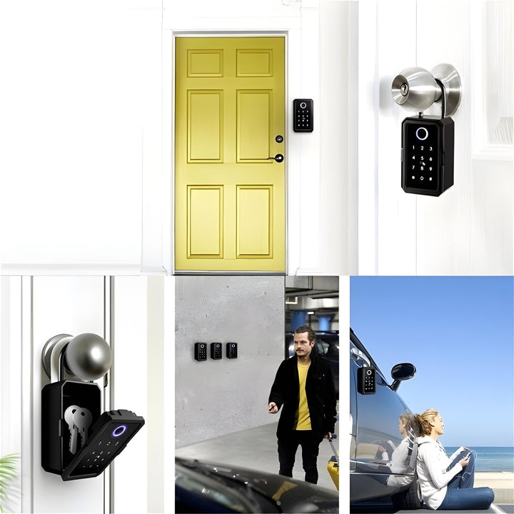 Secure access control smart lockbox with Wi-Fi, fingerprint, and remote access capabilities for keys.