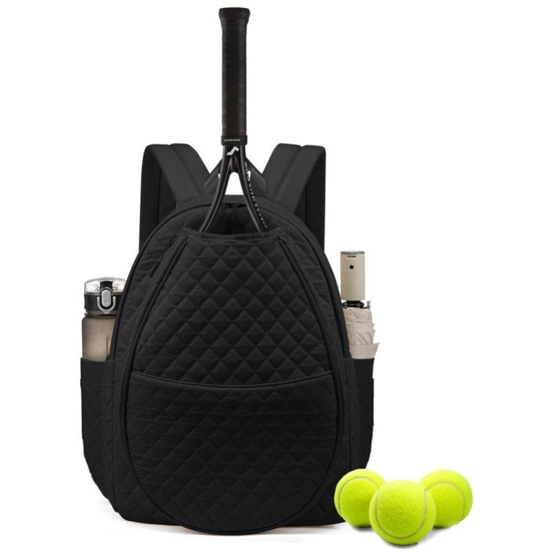 Black sporty tennis backpack with insulated compartments for rackets & gear. Unisex athletic court bag.
