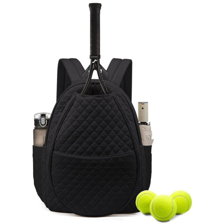 Black sporty tennis backpack with insulated compartments for rackets & gear. Unisex athletic court bag.