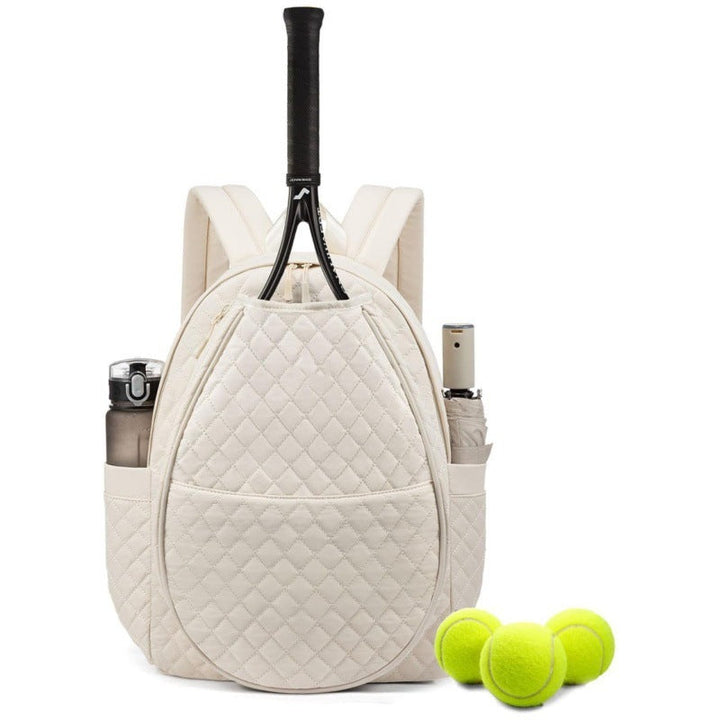 Unisex black tennis backpack from the back, showing padded straps & ample storage for athletic equipment.
