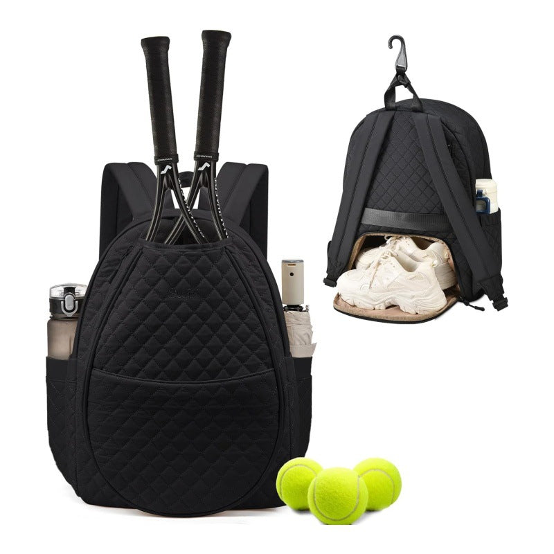 Beige athletic sports backpack for tennis players, with a large main compartment & insulated section for rackets.