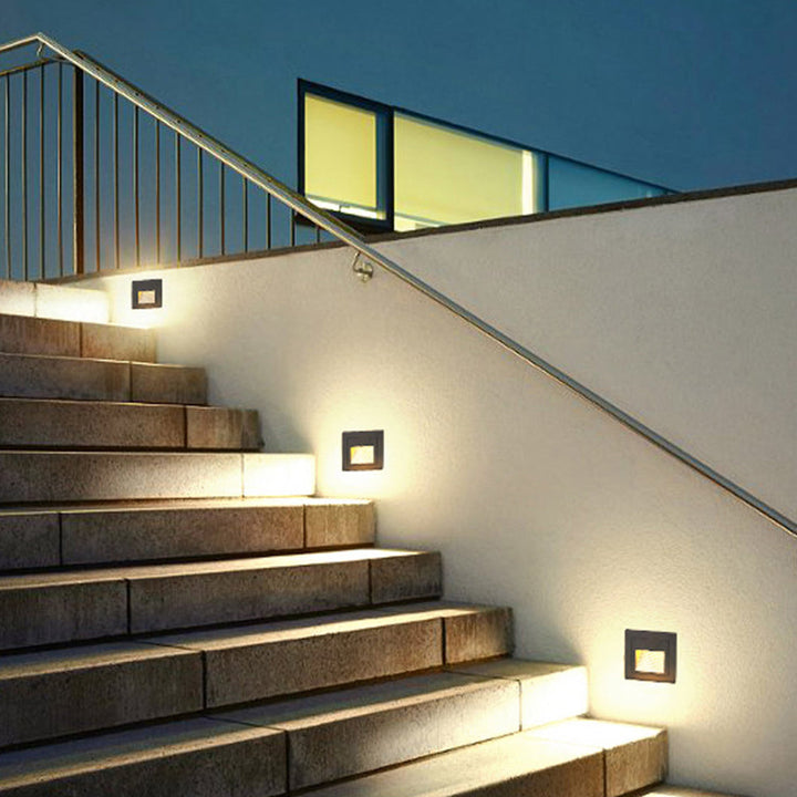 Outdoor LED light for illuminating steps and pathways at night.
