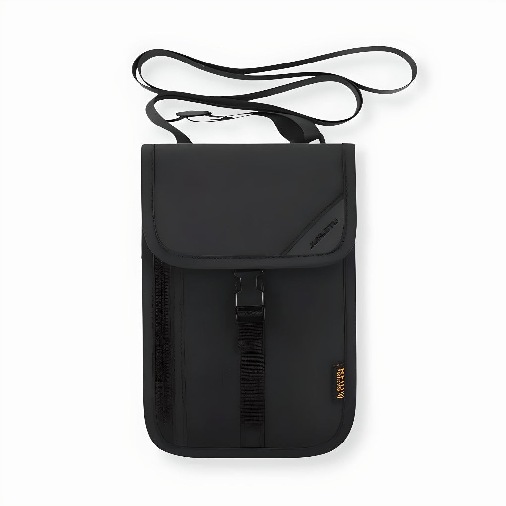 Black unisex RFID blocking travel pouch securing passport, cash, and cards for anti-theft peace of mind.