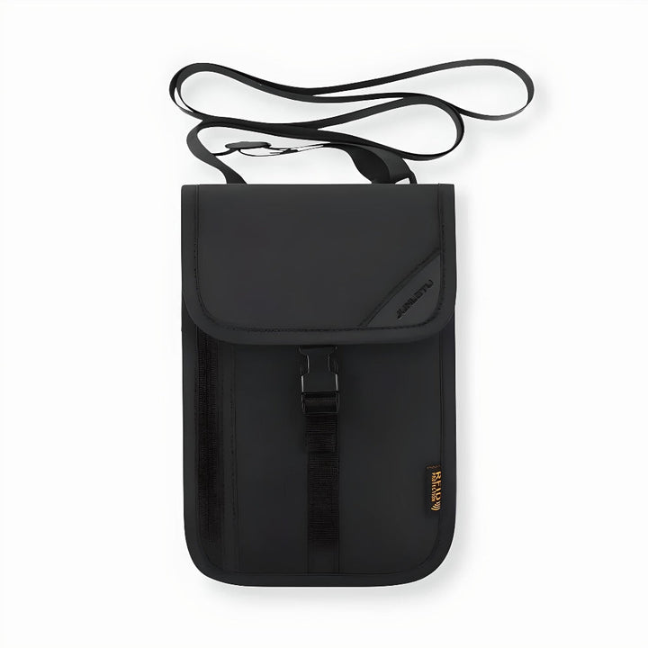 Black unisex RFID blocking travel pouch securing passport, cash, and cards for anti-theft peace of mind.
