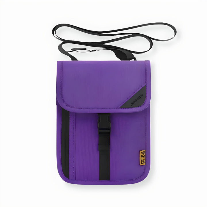 Sleek grey RFID blocking travel pouch with multiple compartments for passport, credit cards, and cash. Anti-theft design.