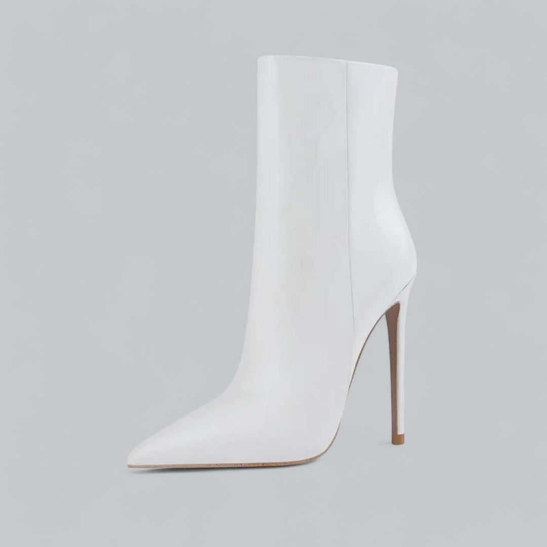 Top-down view: women's pointed toe stiletto ankle boots, showcasing chic design.