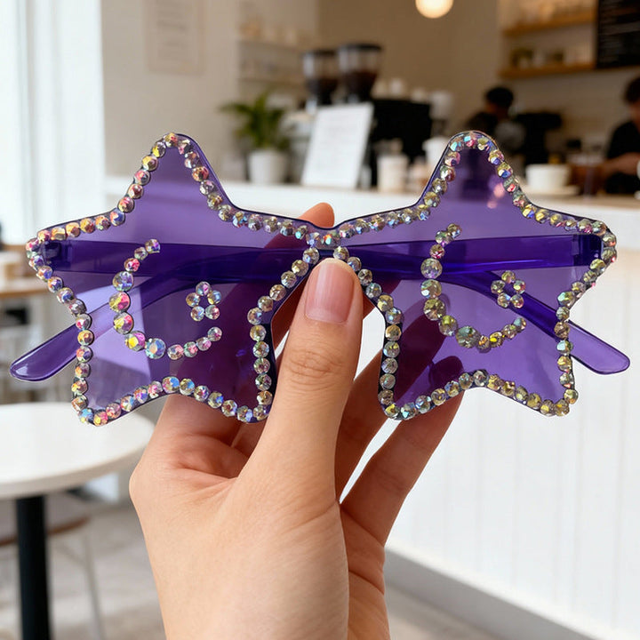 Tea colored star rhinestone sunglasses, women's unique eyewear, glamorous festival look.