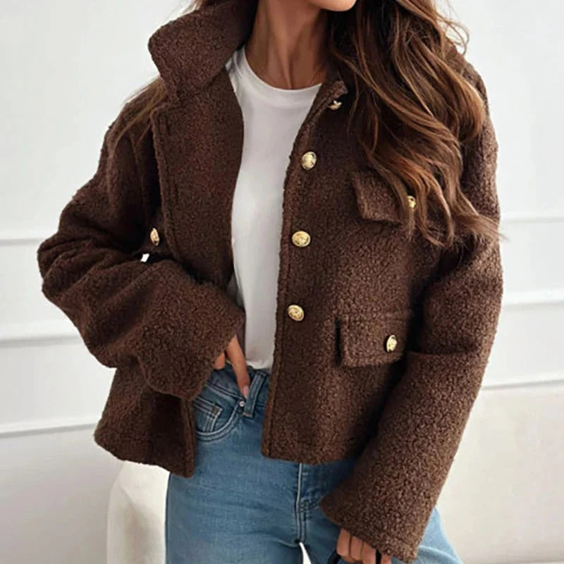 Modern women's short coat. Chic, structured outerwear jacket for stylish fall & winter fashion.