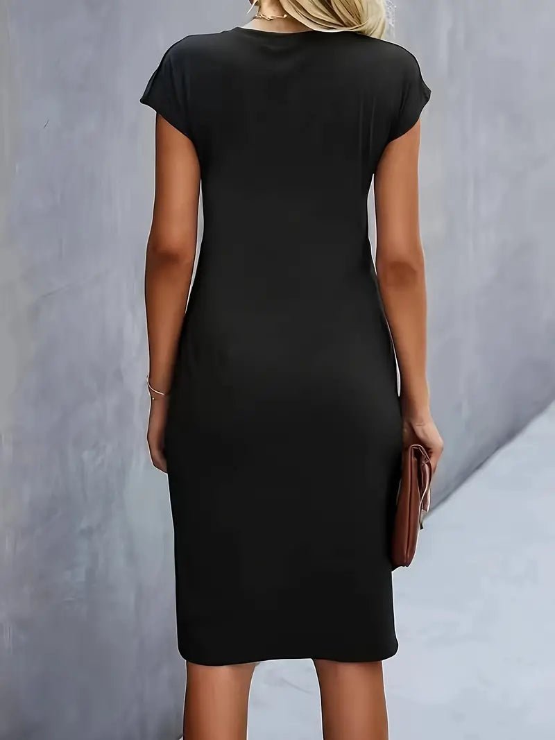 Women's Red Midi Dress, cap sleeve, ruched waist, versatile for professional work and office wear.