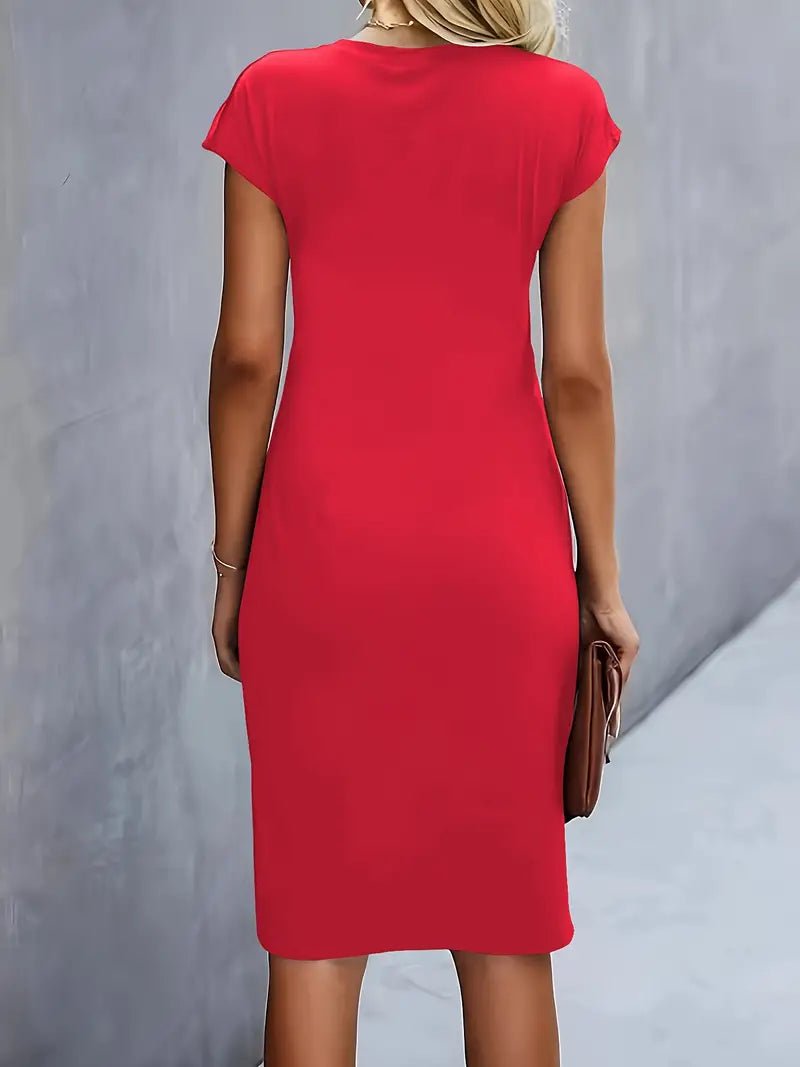Black Cap Sleeve Bodycon Dress, ruched, figure-flattering, work and office appropriate attire.