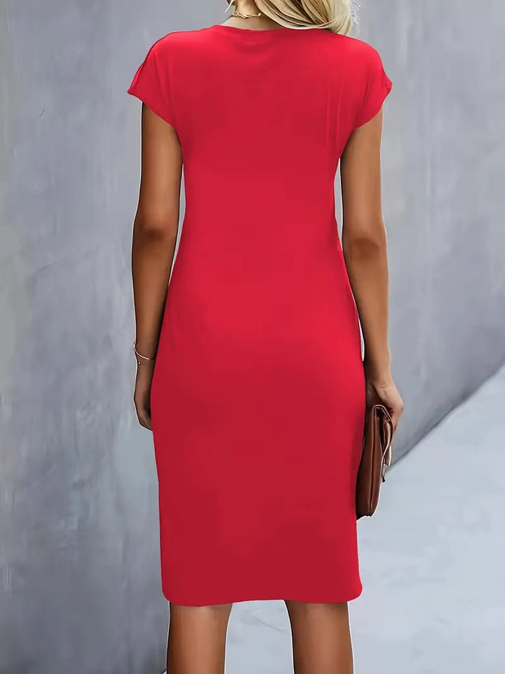 Black Cap Sleeve Bodycon Dress, ruched, figure-flattering, work and office appropriate attire.