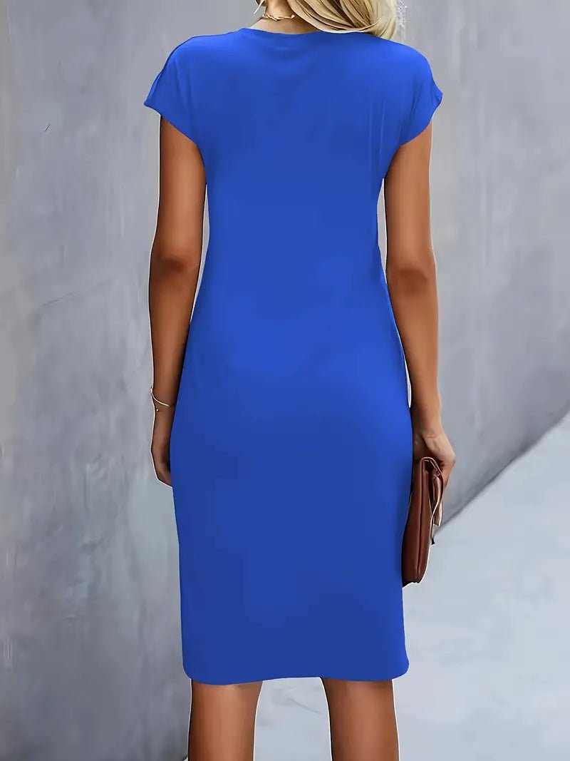 Red elegant twist-ruched bodycon midi dress with cap sleeves, a chic smart casual option.