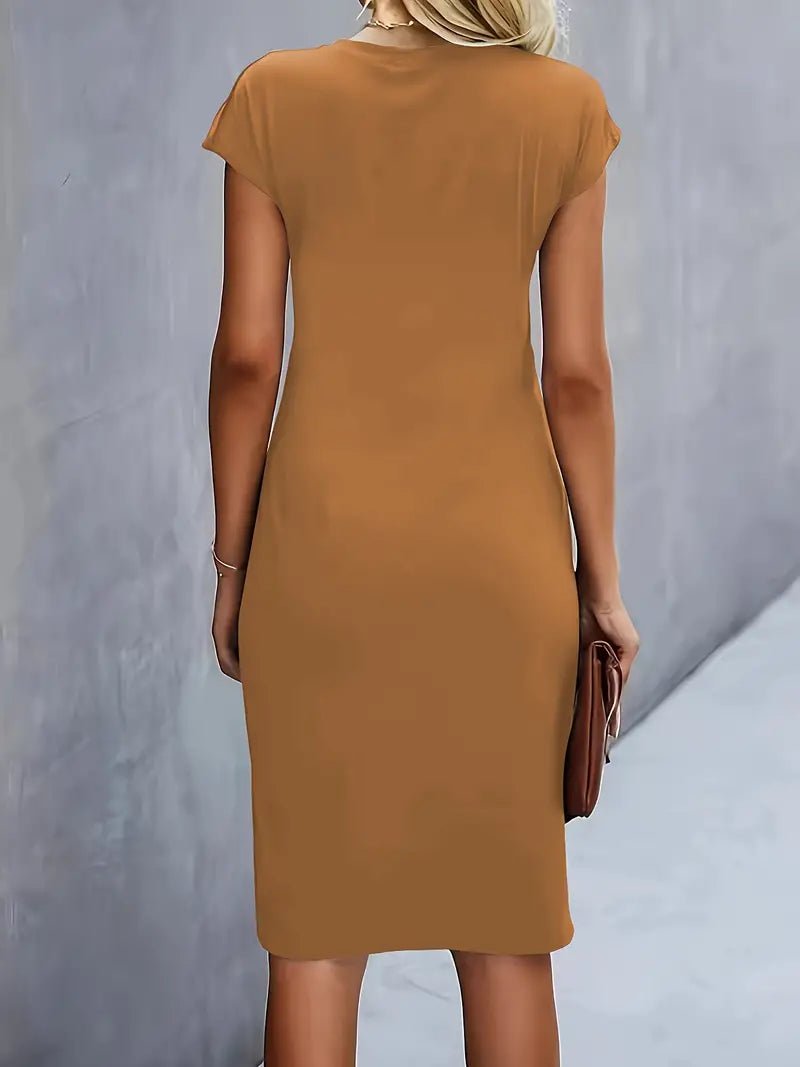 Professional black bodycon midi dress featuring cap sleeves and a stylish ruched waist detail.
