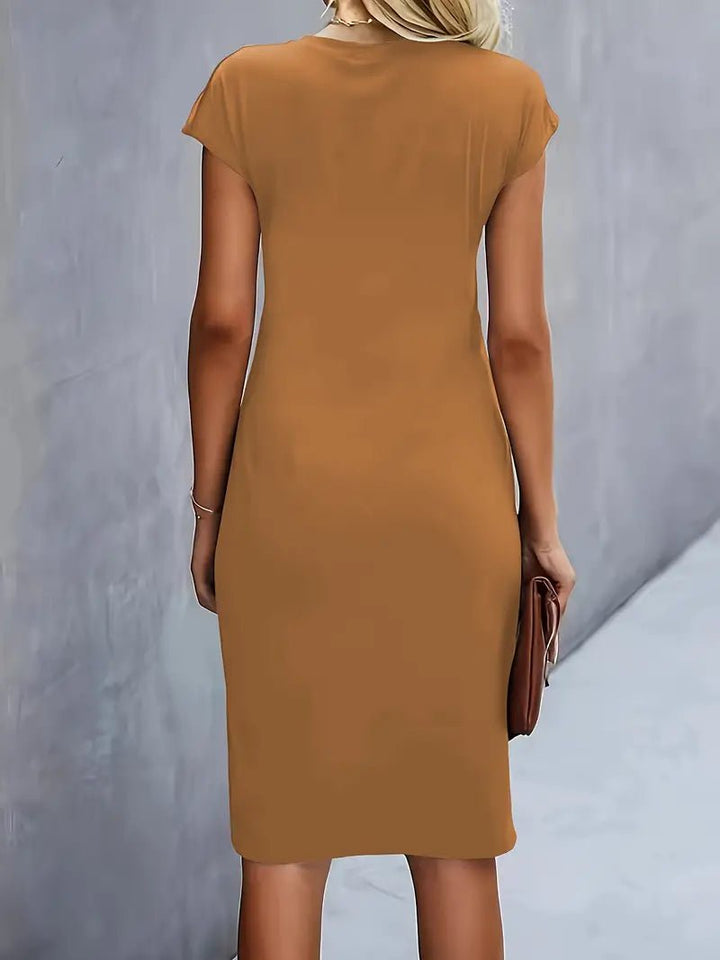 Professional black bodycon midi dress featuring cap sleeves and a stylish ruched waist detail.