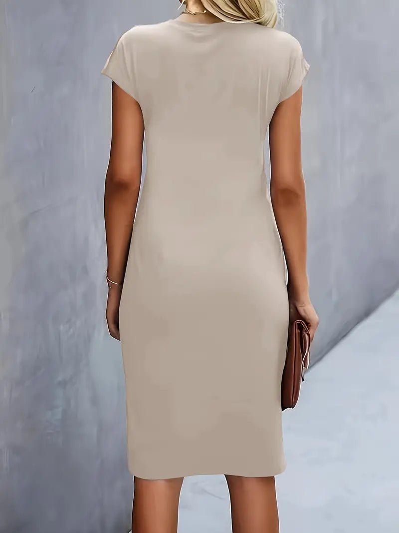 Women's Red Twist-Ruched Bodycon Midi Dress with cap sleeves, an excellent choice for the office.