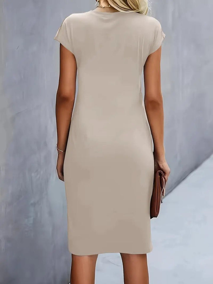 Women's Red Twist-Ruched Bodycon Midi Dress with cap sleeves, an excellent choice for the office.