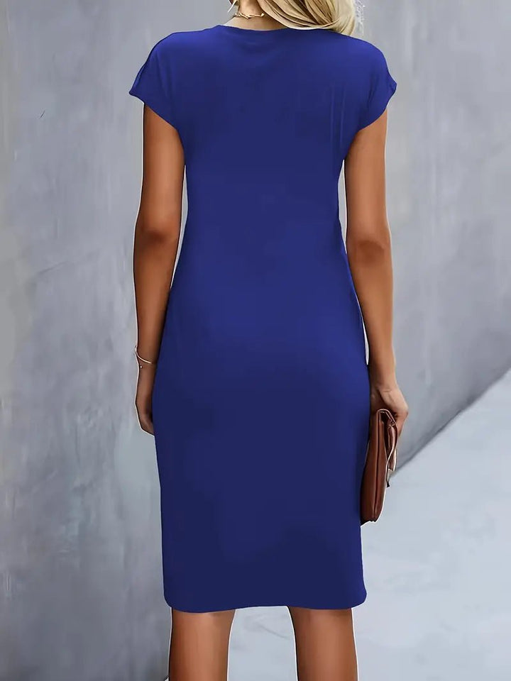 Elegant Red Midi Dress for work, bodycon fit, cap sleeves, and a flattering twist-ruched waist.