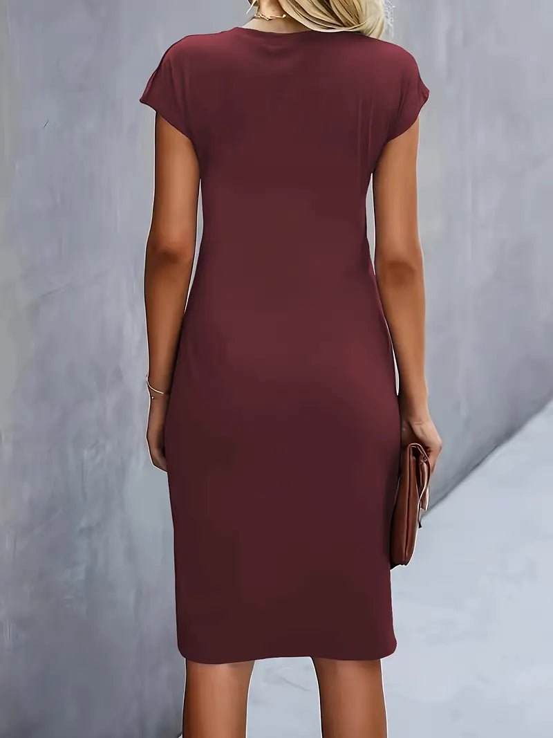 Red professional bodycon midi dress, cap sleeves, ruched, offering a figure-flattering silhouette.